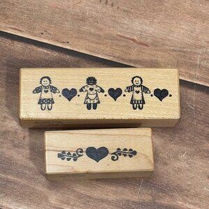 1988 PSX B-052 & C-589 WOOD MOUNT RUBBER STAMP HEART LOVE VALENTINE RAGGEDY ANN